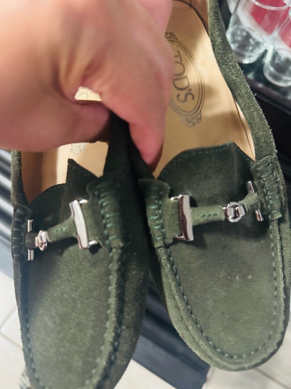 Tod's Olive Suede Driver Mocs with Black Pebbled Sole - Picture 7 of 8